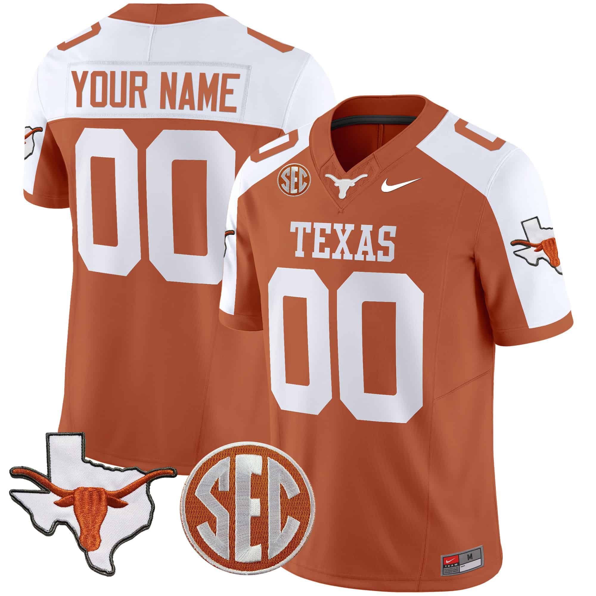 Men Texas Longhorns Orange 2024 Nike State Map & SEC Patch Vapor Custom NCAA Jersey->customized nfl jersey->Custom Jersey